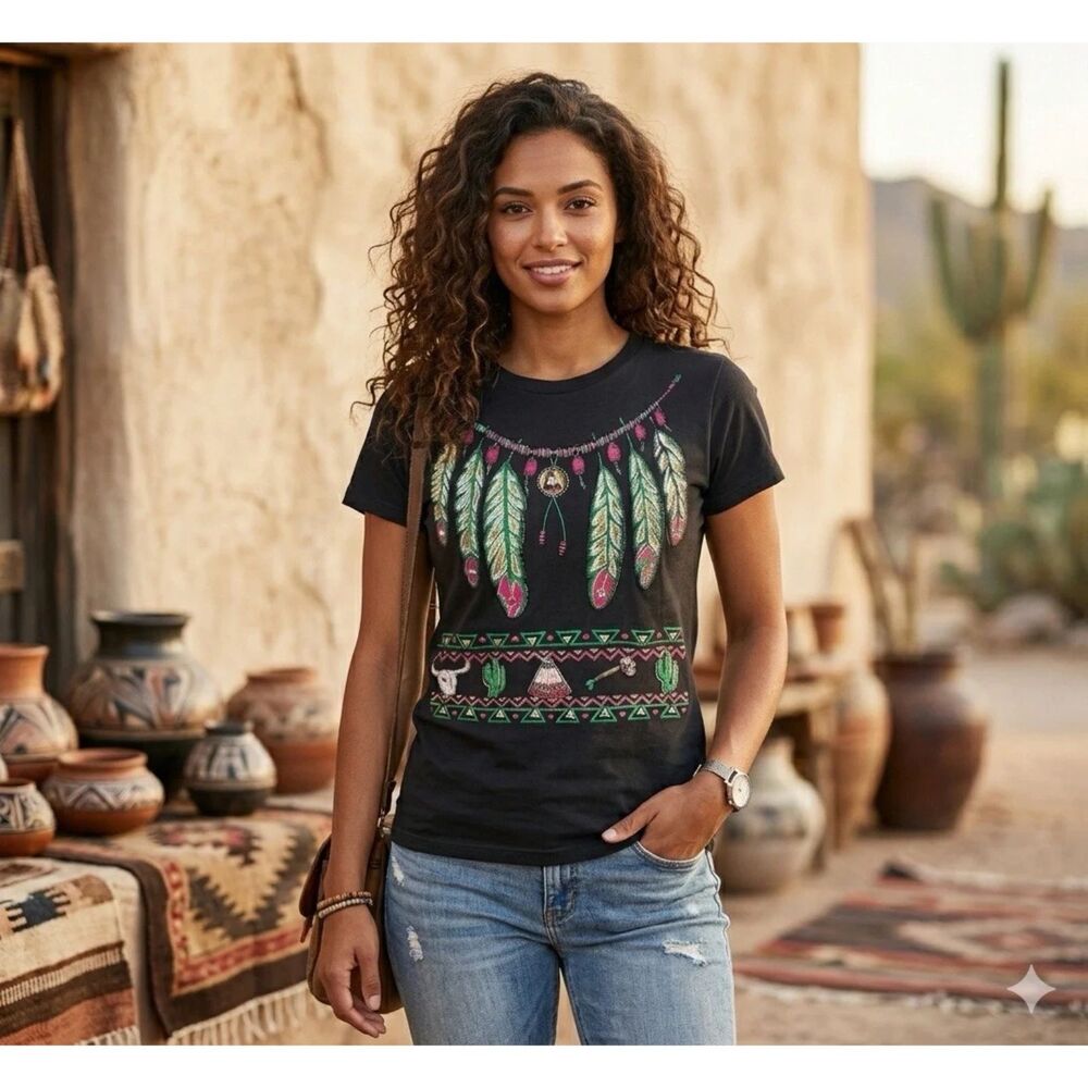 Get Lucky Native American Feathers Shirt Womens One Size Single Stitch USA Tee